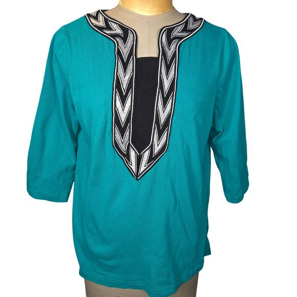 Bob Macke Womens L Wearable Art Tunic Top Embroidered Chevron Boho Casual Chic - Picture 1 of 9